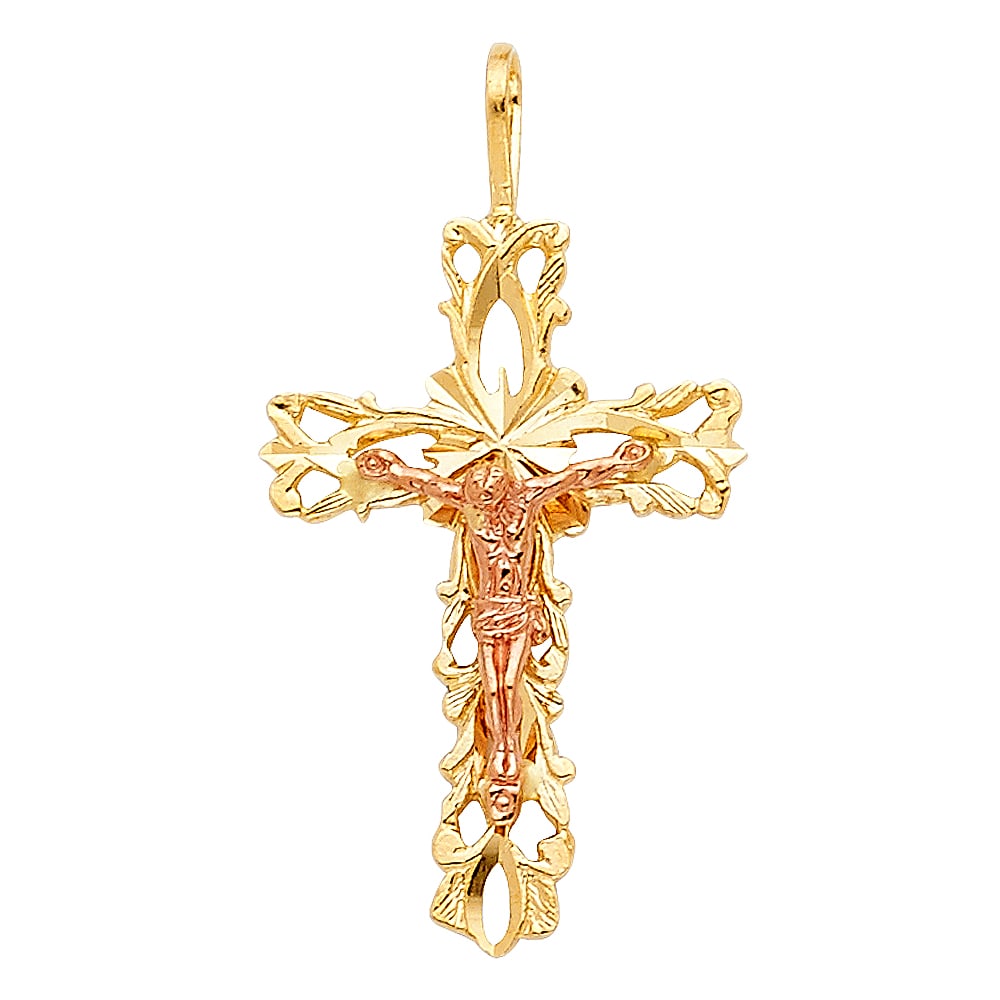14K 2T FANCY CRUCUFIX PENDANT: 14K 2T Fancy Crucufix Pendant Type: Pendant Material Type: 14k Gold Material Color: Two Tone Avg. Weight: 1.22 Gr. Size: Height : 27 mm Width : 17 mm Accessories: None Notice: When purchas