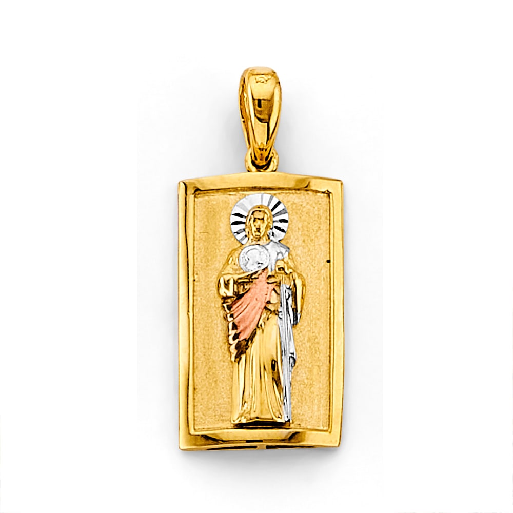 14K 3C ST. JUDE THADDEUS PENDANT: 14K 3C St. Jude Thaddeus Pendant Type: Pendant Material Type: 14k Gold Material Color: Tri Color Avg. Weight: 4.13 Gr. Size: Height : 30 mm, Width : 13 mm Accessories: None Notice: When pu