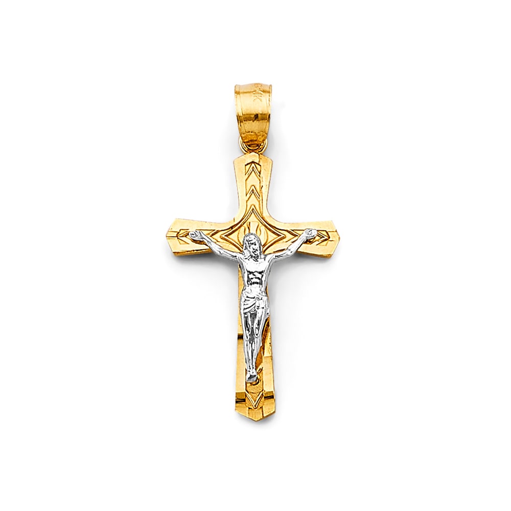 14K 2T CRUCUFIX CROSS PENDANT: 14K 2T Crucufix Cross Pendant Type: Pendant Material Type: 14k Gold Material Color: Two Tone Avg. Weight: 1.03 Gr. Size: Height : 28 mm, Width : 15 mm Accessories: None Notice: When purcha