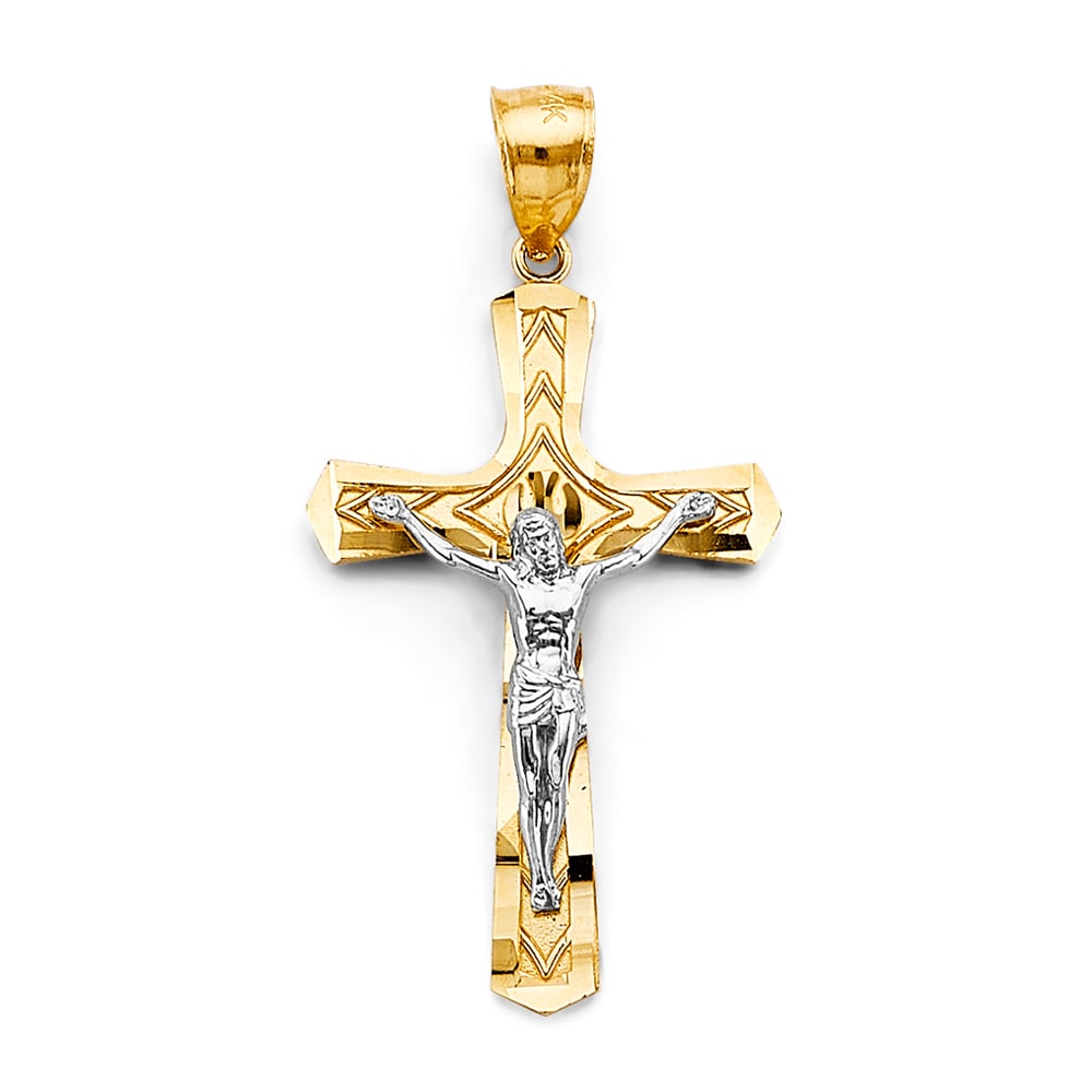 14K 2T CRUCUFIX CROSS PENDANT: 14K 2T Crucufix Cross Pendant Type: Pendant Material Type: 14k Gold Material Color: Two Tone Avg. Weight: 2.45 Gr. Size: Height : 40 mm, Width : 20 mm Accessories: None Notice: When purcha