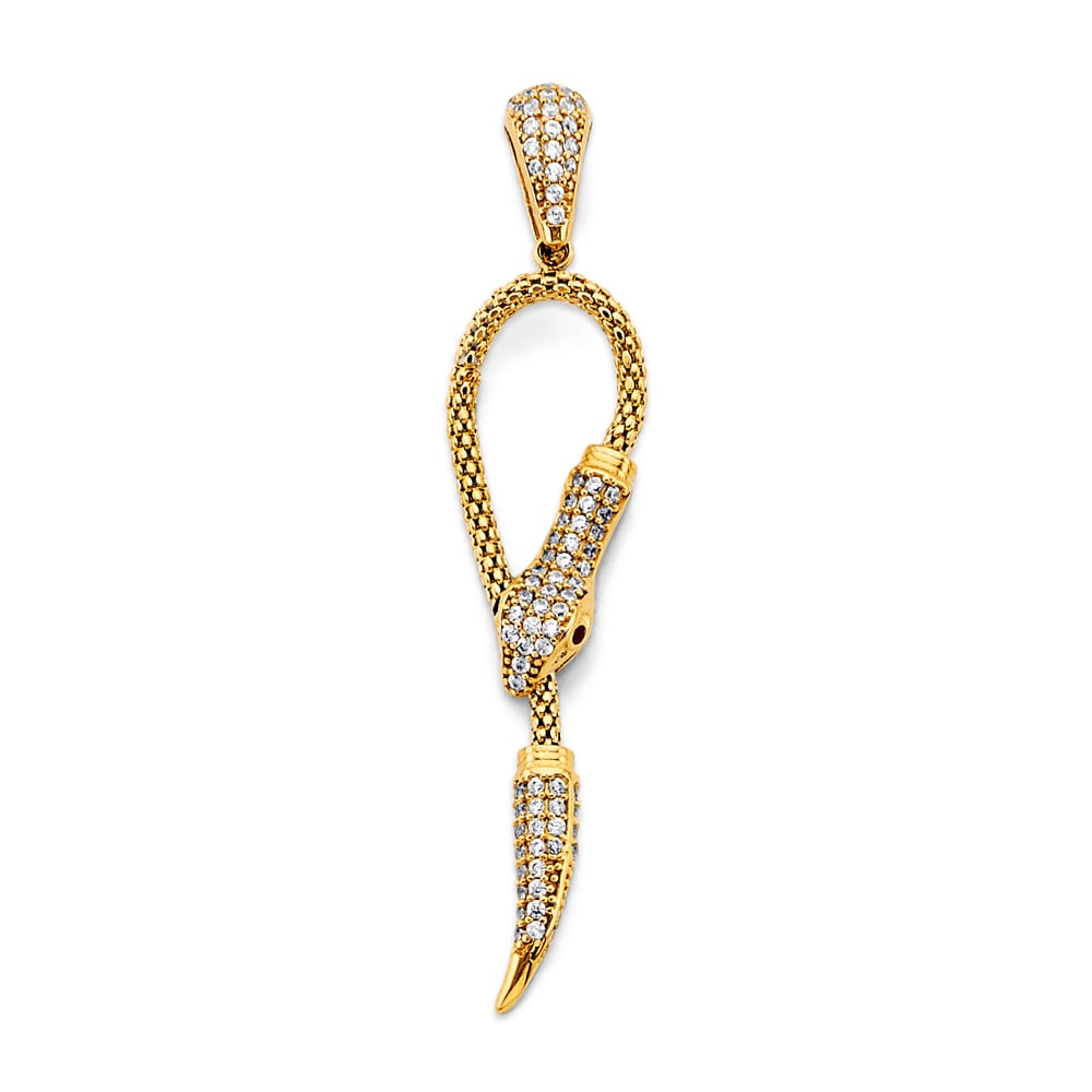 14K 2T CZ SNAKE PENDANT: 14K 2T CZ Snake Pendant Type: Pendant Material Type: 14k Gold Material Color: Two Tone Avg. Weight: 3.03 Gr. Size: Height : 55 mm, Width : 12 mm Accessories: None Notice: When purchasing p
