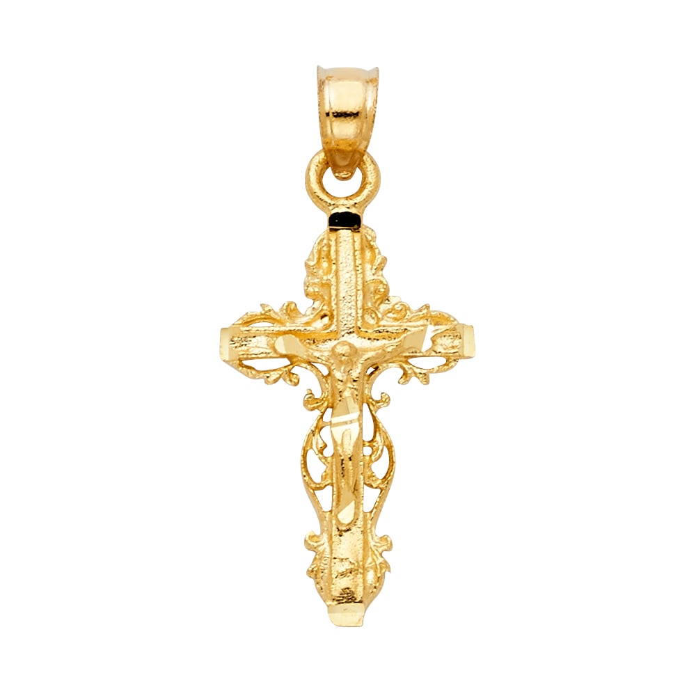 14KY FANCY CRUCUFIX PENDANT: 14KY Fancy Crucufix Pendant Type: Pendant Material Type: 14k Gold Material Color: Yellow Avg. Weight: 1.61 Gr. Size: Height : 25 mm Width : 16 mm Accessories: None Notice: When purchasing pre-owned