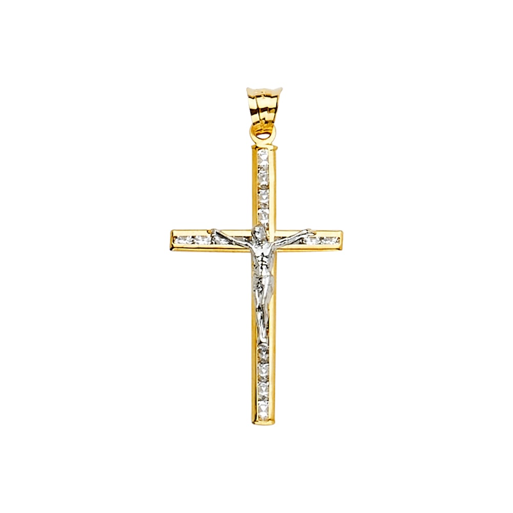 14K 2T CZ CRUCUFIX CROSS PENDANT: 14K 2T CZ Crucufix Cross Pendant Type: Pendant Material Type: 14k Gold Material Color: Two Tone Avg. Weight: 0.77 Gr. Size: Height : 32 mm,Width : 16 mm Accessories: None Notice: When purchasing