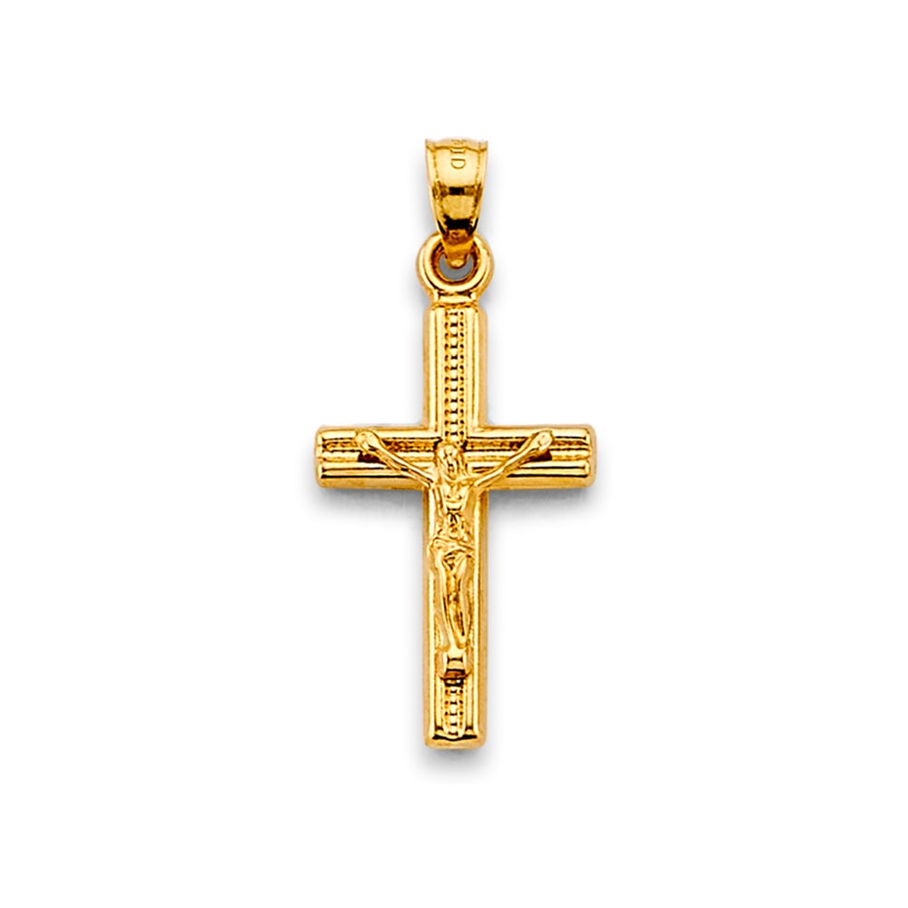 14KY CRUCUFIX CROSS PENDANT: 14KY Crucufix Cross Pendant Type: Pendant Material Type: 14k Gold Material Color: Yellow Avg. Weight: 0.77 Gr. Size: Height : 28 mm, Width : 13 mm Accessories: None Notice: When purchasing