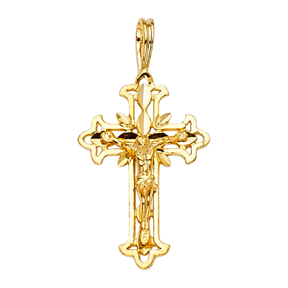 14KY FANCY CRUCUFIX PENDANT: 14KY Fancy Crucufix Pendant Type: Pendant Material Type: 14k Gold Material Color: Yellow Avg. Weight: 1.25 Gr. Size: Height : 22 mm Width : 15 mm Accessories: None Notice: When purchasing pre-owned