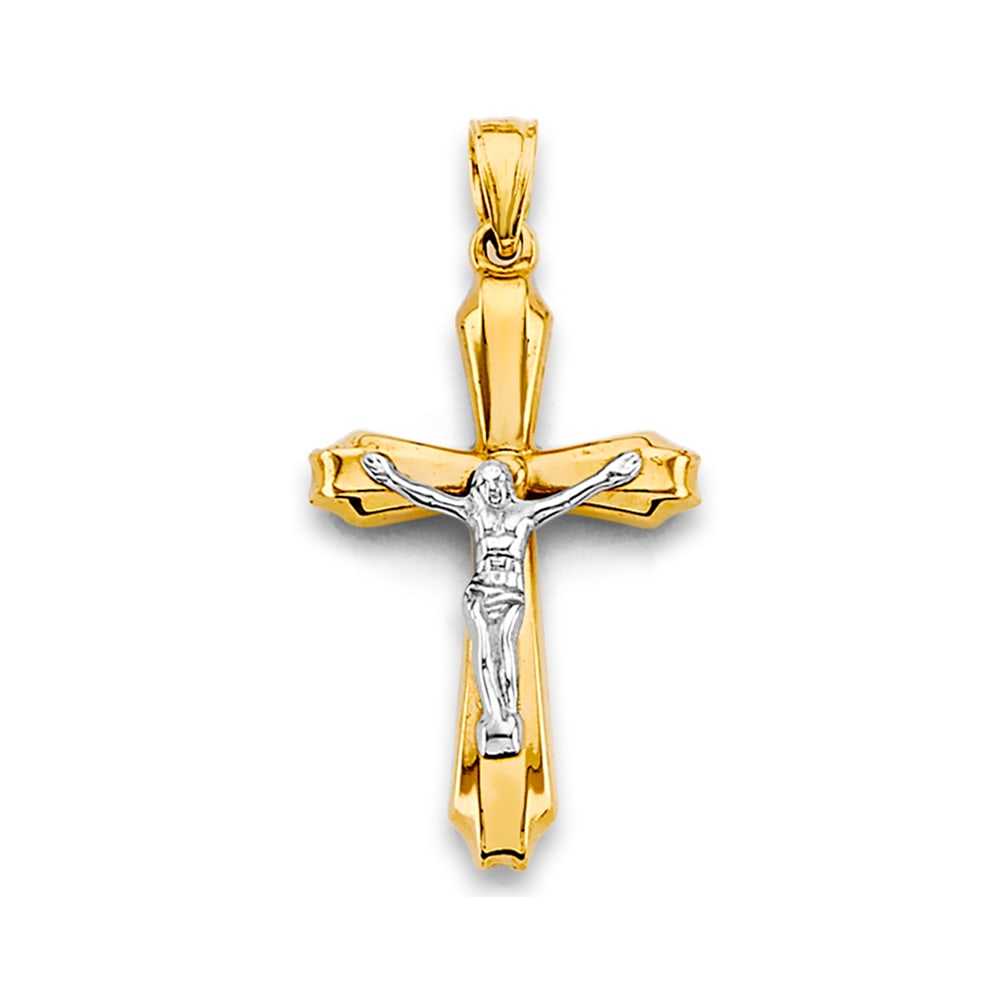 14K 2T CRUCUFIX CROSS PENDANT: 14K 2T Crucufix Cross Pendant Type: Pendant Material Type: 14k Gold Material Color: Two Tone Avg. Weight: 0.99 Gr. Size: Height : 30 mm, Width : 15 mm Accessories: None Notice: When purcha