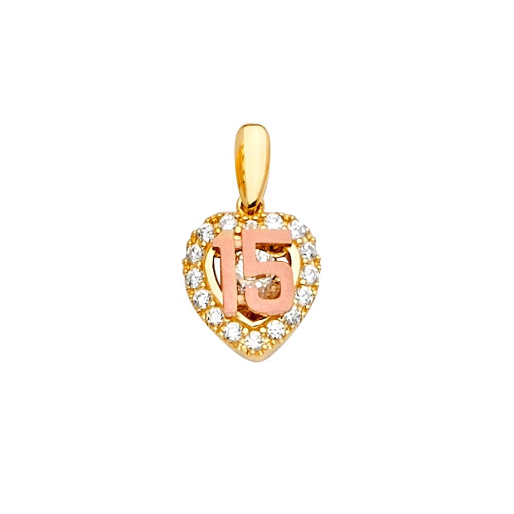 14K 2T CZ 15 YEARS PENDANT/HALF SET: 14K 2T CZ 15 Years Pendant/Half Set Type: Pendant Material Type: 14k Gold Material Color: Two Tone Avg. Weight: 1.75 Gr. Size: Height : 17 mm, Width : 10 mm Accessories: None Notice: When purchasing