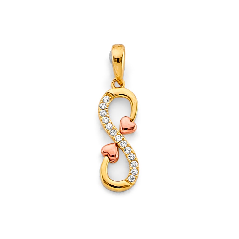14K 2T CZ INFINITY HEART PENDANT: 14K 2T CZ Infinity Heart Pendant Type: Pendant Material Type: 14k Gold Material Color: Two Tone Avg. Weight: 1.26 Gr. Size: Height : 25 mm, Width : 8 mm Accessories: None Notice: When purc