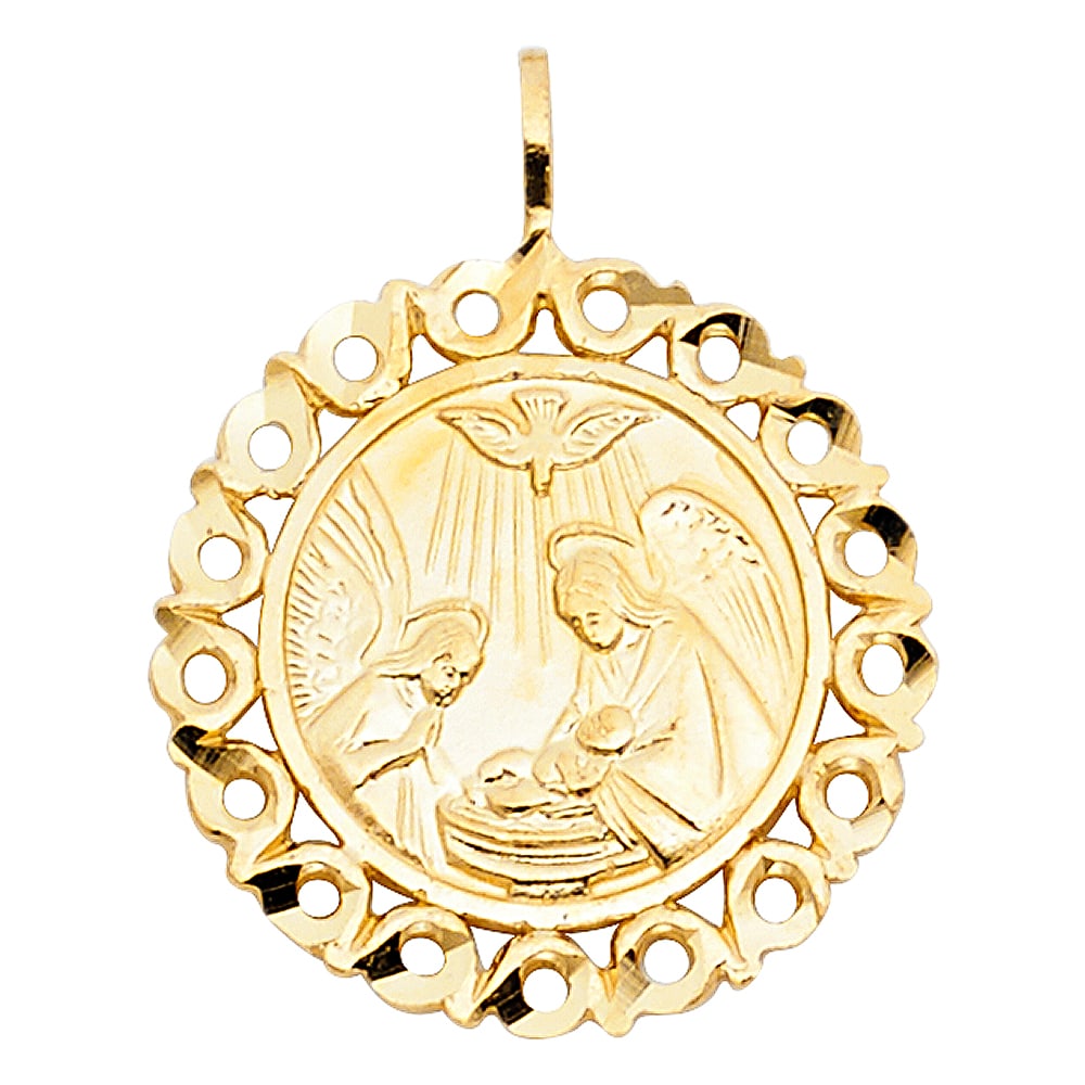 14KY BAPTISM PENDANT: 14KY Baptism Pendant Type: Pendant Material Type: 14k Gold Material Color: Yellow Avg. Weight: 1.47 Gr. Size: Height : 20 mm,Width : 20 mm Accessories: None Notice: When purchasing pre-owned goods,