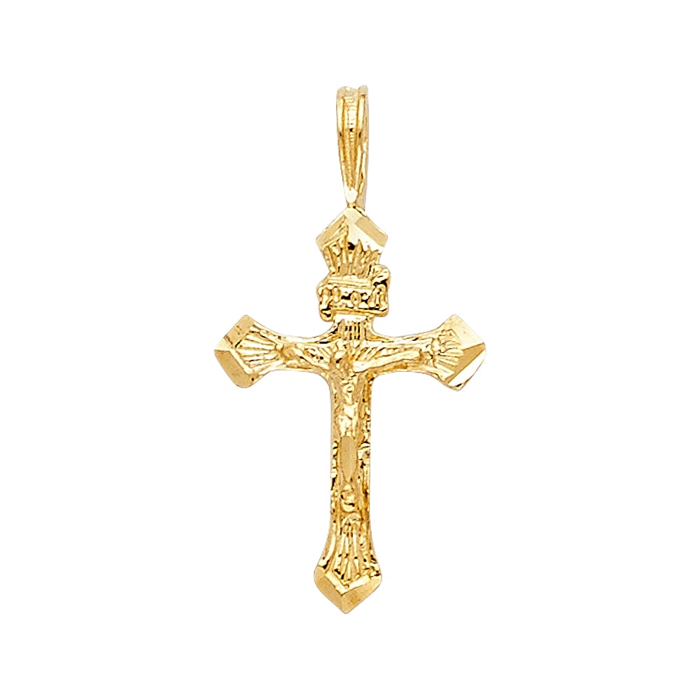 14KY FANCY TINY CRUCUFIX PENDANT: 14KY Fancy Tiny Crucufix Pendant Type: Pendant Material Type: 14k Gold Material Color: Yellow Avg. Weight: 0.47 Gr. Size: Height : 17 mm Width : 11 mm Accessories: None Notice: When purchasing