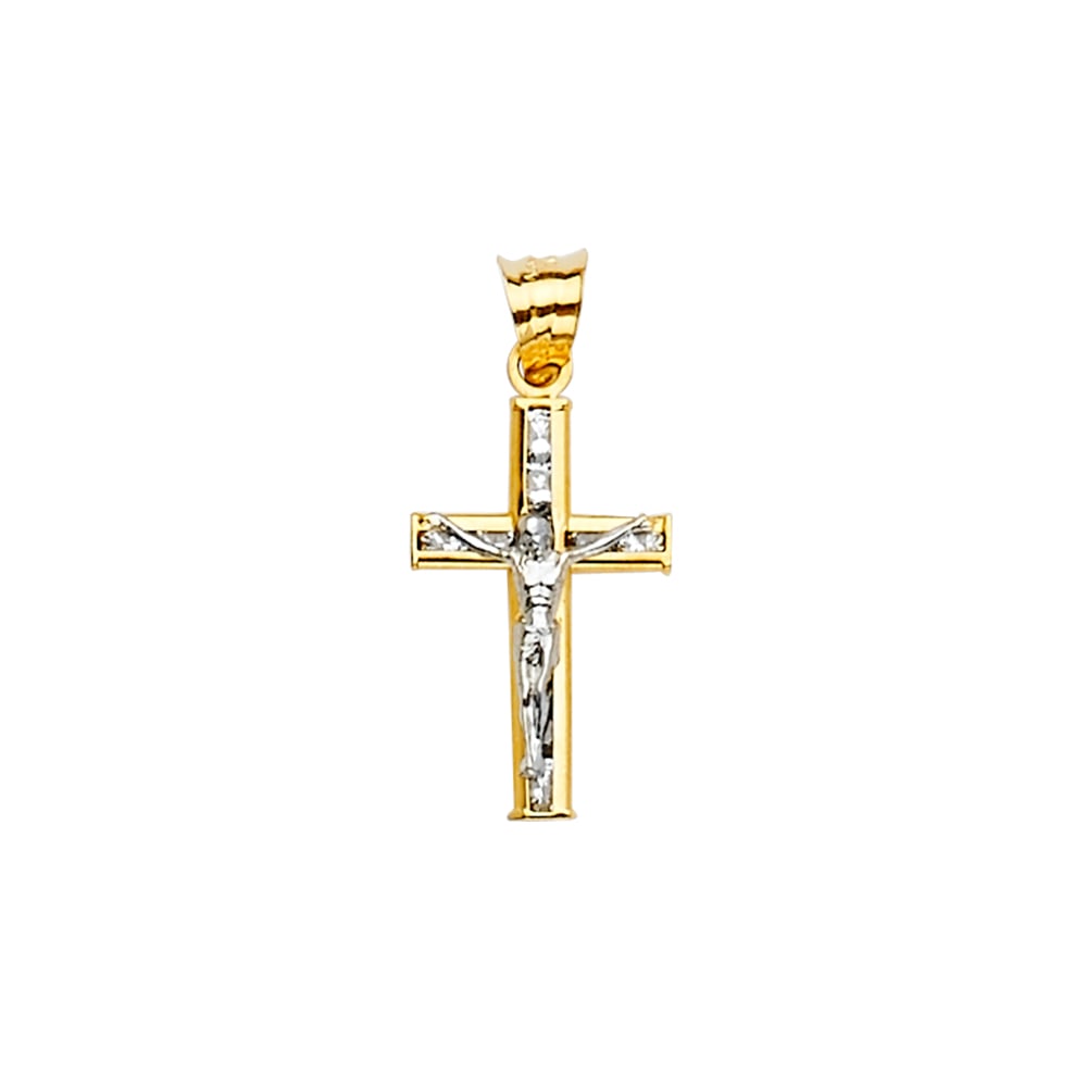 14K 2T CZ CRUCUFIX CROSS PENDANT: 14K 2T CZ Crucufix Cross Pendant Type: Pendant Material Type: 14k Gold Material Color: Two Tone Avg. Weight: 0.52 Gr. Size: Height : 21 mm,Width : 10 mm Accessories: None Notice: When purchasing