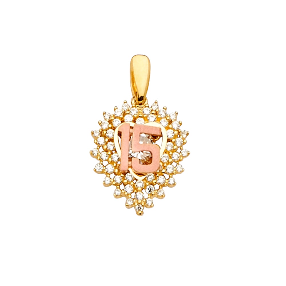 14K 2T CZ 15 YEARS PENDANT/HALF SET: 14K 2T CZ 15 Years Pendant/Half Set Type: Pendant Material Type: 14k Gold Material Color: Two Tone Avg. Weight: 2.32 Gr. Size: Height : 22 mm, Width : 13 mm Accessories: None Notice: When purchasing
