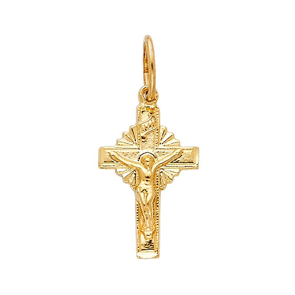 14KY FANCY TINY CRUCUFIX PENDANT: 14KY Fancy Tiny Crucufix Pendant Type: Pendant Material Type: 14k Gold Material Color: Yellow Avg. Weight: 0.61 Gr. Size: Height : 16 mm Width : 10 mm Accessories: None Notice: When purchasing