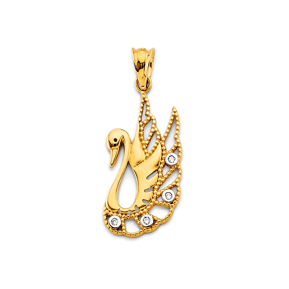 14KY CZ SWAN PENDANT: 14KY CZ Swan Pendant Type: Pendant Material Type: 14k Gold Material Color: Yellow Avg. Weight: 1.11 Gr. Size: Height : 25 mm, Width : 12 mm Accessories: None Notice: When purchasing pre-owned goods,
