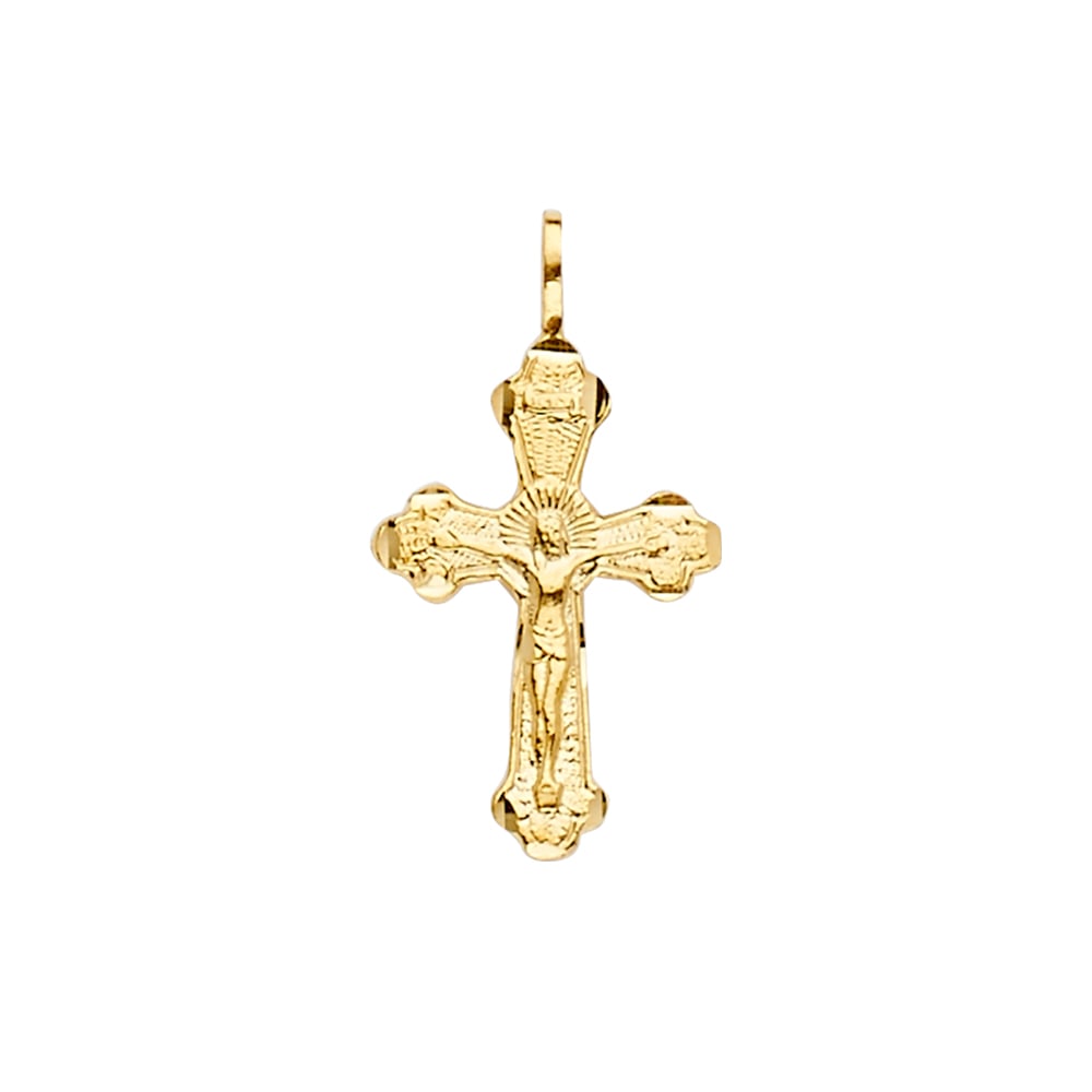 14KY CRUCUFIX CROSS PENDANT: 14KY Crucufix Cross Pendant Type: Pendant Material Type: 14k Gold Material Color: Yellow Avg. Weight: 0.59 Gr. Size: Height : 25 mm,Width : 14 mm Accessories: None Notice: When purchasing pre-owned