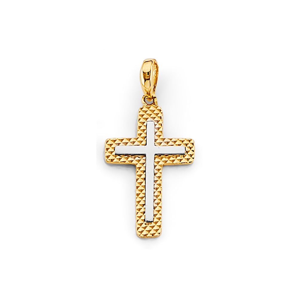 14K 2T CROSS PENDANT: 14K 2T Cross Pendant Type: Pendant Material Type: 14k Gold Material Color: Two Tone Avg. Weight: 1.23 Gr. Size: Height : 25 mm, Width : 12 mm Accessories: None Notice: When purchasing pre-owned