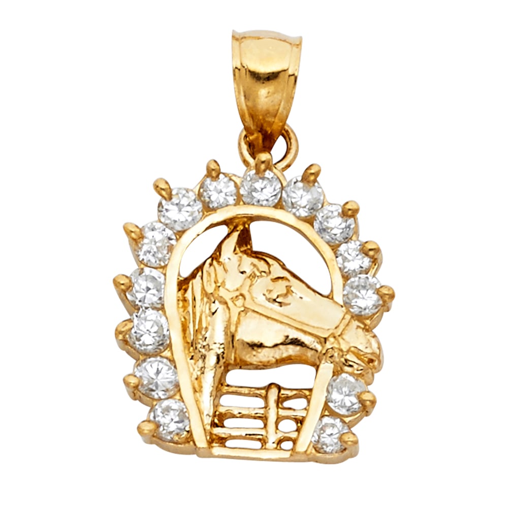 14KY CZ LUCKY HORSE SHOE PENDANT: 14KY CZ Lucky Horse Shoe Pendant Type: Pendant Material Type: 14k Gold Material Color: Yellow Avg. Weight: 3.17 Gr Size: Height : 20 mm Width : 17 mm Accessories: None Notice: When purchasing