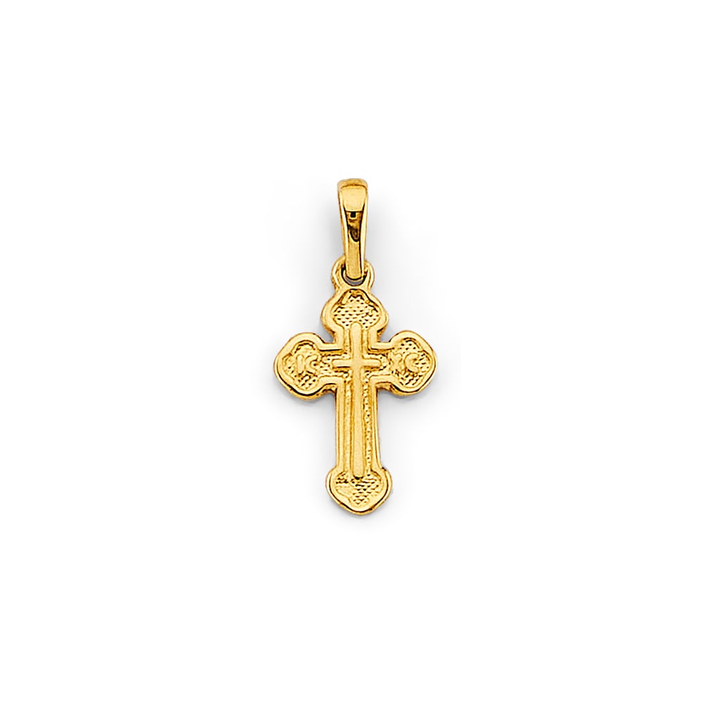 14KY CROSS PENDANT: 14KY Cross Pendant Type: Pendant Material Type: 14k Gold Material Color: Yellow Avg. Weight: 0.71 Gr. Size: Height : 20 mm, Width : 10 mm Accessories: None Notice: When purchasing pre-owned goods,