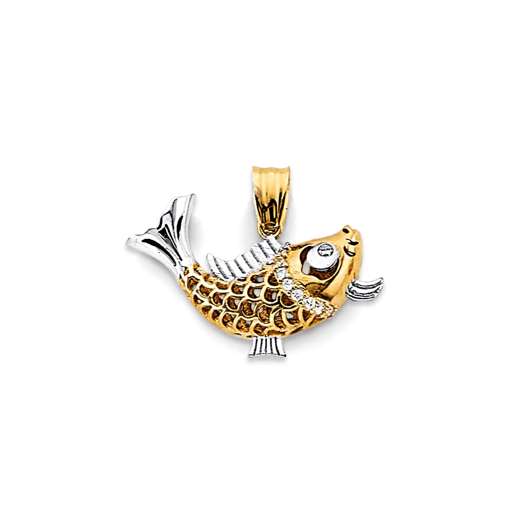 14K 2T CZ KOI FISH PENDANT: 14K 2T CZ Koi Fish Pendant Type: Pendant Material Type: 14k Gold Material Color: Two Tone Avg. Weight: 1.7 Gr. Size: Height : 15 mm, Width : 20 mm Accessories: None Notice: When purchasing pre-owned