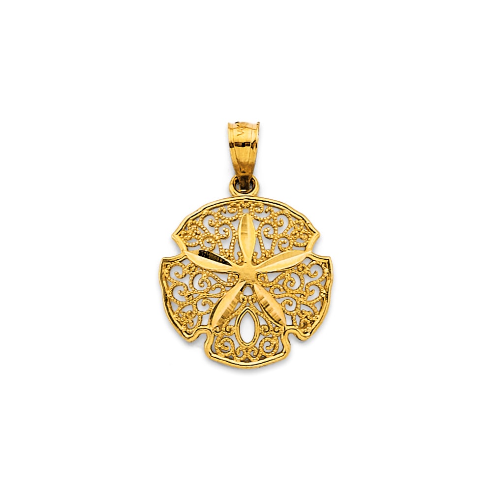 14KY SAND DOLLAR PENDANT: 14KY Sand Dollar Pendant Type: Pendant Material Type: 14k Gold Material Color: Yellow Avg. Weight: 0.82 Gr. Size: Height : 18 mm, Width : 10 mm Accessories: None Notice: When purchasing pr