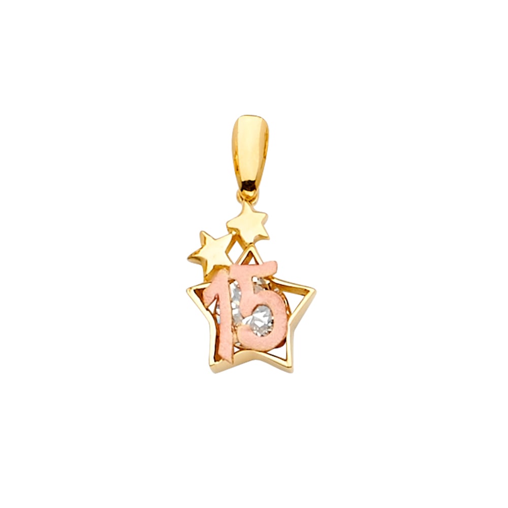 14K 2T CZ 15 YEARS PENDANT/HALF SET: 14K 2T CZ 15 Years Pendant/Half Set Type: Pendant Material Type: 14k Gold Material Color: Two Tone Avg. Weight: 1.45 Gr. Size: Height : 20 mm, Width : 10 mm Accessories: None Notice: When purchasing