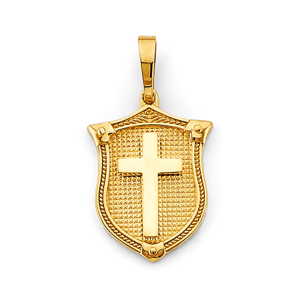 14KY SHIELD WITH CROSS PENDANT: 14KY Shield with Cross Pendant Type: Pendant Material Type: 14k Gold Material Color: Yellow Avg. Weight: 3.5 Gr. Size: Height : 33 mm, Width : 18 mm Accessories: None Notice: When purchasi