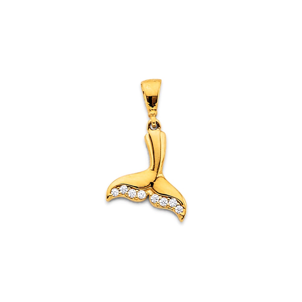 14KY CZ DOLPHIN TAIL PENDANT: 14KY CZ Dolphin Tail Pendant Type: Pendant Material Type: 14k Gold Material Color: Yellow Avg. Weight: 0.94 Gr. Size: Height : 20 mm, Width : 15 mm Accessories: None Notice: When purchasing pre-owned