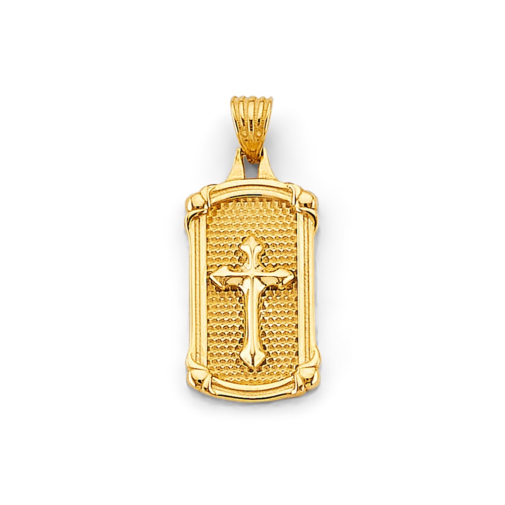 14KY FRAME CROSS PENDANT: 14KY Frame Cross Pendant Type: Pendant Material Type: 14k Gold Material Color: Yellow Avg. Weight: 2.69 Gr. Size: Height : 25 mm, Width : 12 mm Accessories: None Notice: When purchasing pre-owned