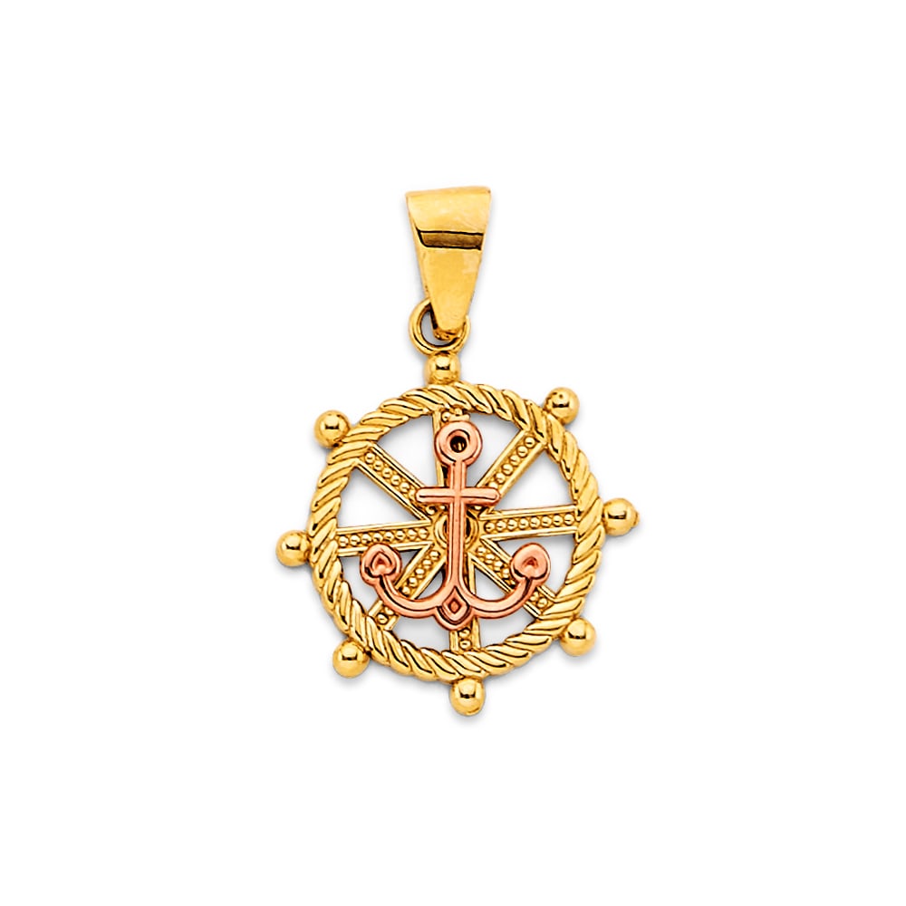 14K 2C WHEEL & ANCHOR PENDANT: 14K 2C Wheel & Anchor Pendant Type: Pendant Material Type: 14k Gold Material Color: Two Tone Avg. Weight: 1.74 Gr. Size: Height : 25 mm, Width : 15 mm Accessories: None Notice: When purchasing