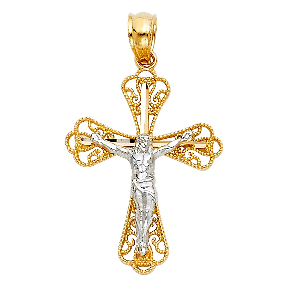 14K 2T CRUCUFIX PENDANT: 14K 2T Crucufix Pendant Type: Pendant Material Type: 14k Gold Material Color: Two Tone Avg. Weight: 0.86 Gr. Size: Height : 22 mm Width : 18 mm Accessories: None Notice: When purchasing pre-owned