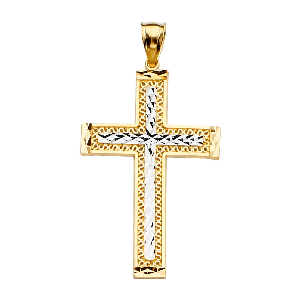 14K 2T CROSS PENDANT: 14K 2T Cross Pendant Type: Pendant Material Type: 14k Gold Material Color: Two Tone Avg. Weight: 3.09 Gr. Size: Height : 51 mm,Width : 27 mm Accessories: None Notice: When purchasing pre-owned goods,