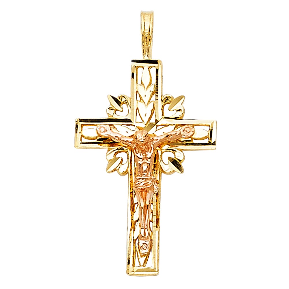 14K 2T CRUCUFIX PENDANT: 14K 2T Crucufix Pendant Type: Pendant Material Type: 14k Gold Material Color: Two Tone Avg. Weight: 1.13 Gr. Size: Height : 24 mm Width : 15 mm Accessories: None Notice: When purchasing pre-owned