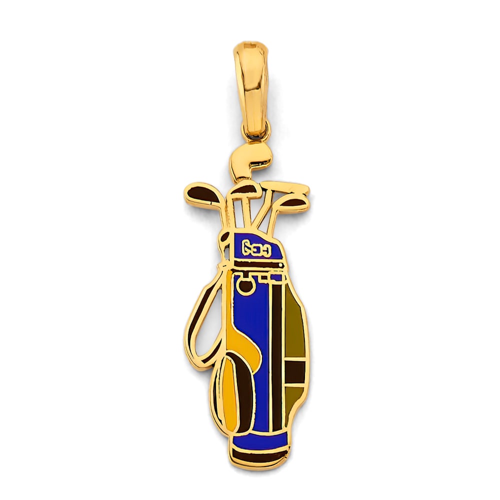 14KY ENAMEL GOLF BAG PENDANT: 14KY Enamel Golf Bag Pendant Type: Pendant Material Type: 14k Gold Material Color: Yellow Avg. Weight: 2.16 Gr. Size: Height : 40 mm, Width : 12 mm Accessories: None Notice: When purchasing pre-owned