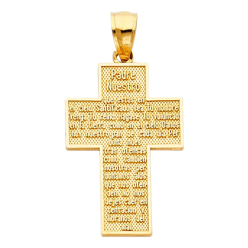 14KY PADRE NUESTRO CROSS PENDANT: 14KY Padre Nuestro Cross Pendant Type: Pendant Material Type: 14k Gold Material Color: Yellow Avg. Weight: 1.75 Gr. Size: Height : 30 mm Width : 20 mm Accessories: None Notice: When purchasing