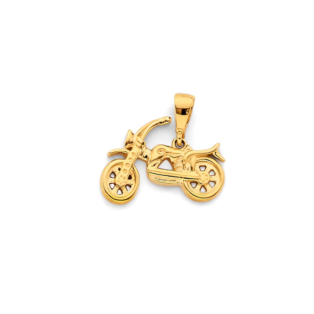 14KY MOTORCYLE PENDANT: 14KY Motorcyle Pendant Type: Pendant Material Type: 14k Gold Material Color: Yellow Avg. Weight: 1.67 Gr. Size: Height : 15 mm, Width : 15 mm Accessories: None Notice: When purchasing pre-