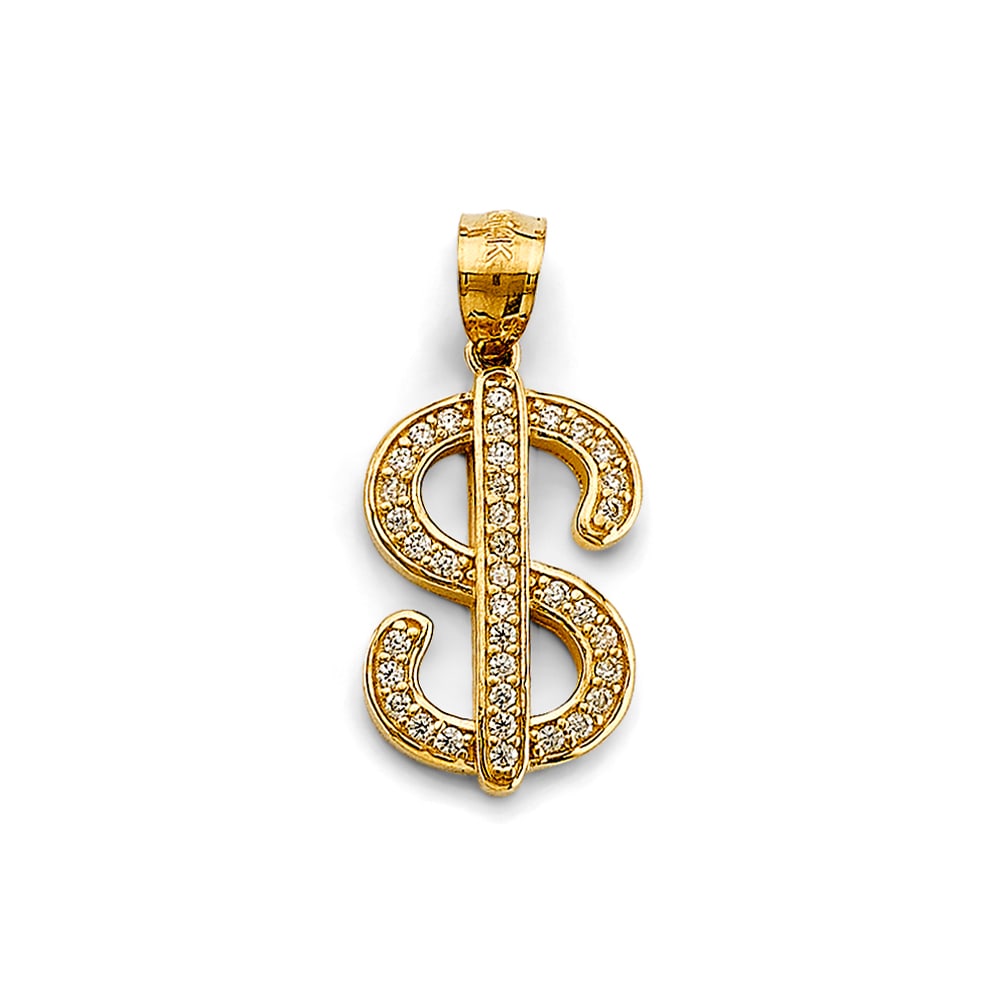 14KY CZ DOLLAR SIGN PENDANT: 14KY CZ Dollar Sign Pendant Type: Pendant Material Type: 14k Gold Material Color: Yellow Avg. Weight: 2.2 Gr. Size: Height : 25 mm, Width : 10 mm Accessories: None Notice: When purchasing