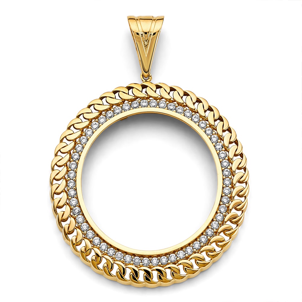 14KY CZ LINK COIN FRAME: 14KY CZ Link Coin Frame Type: Pendant Material Type: 14k Gold Material Color: Yellow Avg. Weight: 17.04 Gr. Size: Height : 65 mm, Width : 50 mm Accessories: None Notice: When purchasing pr