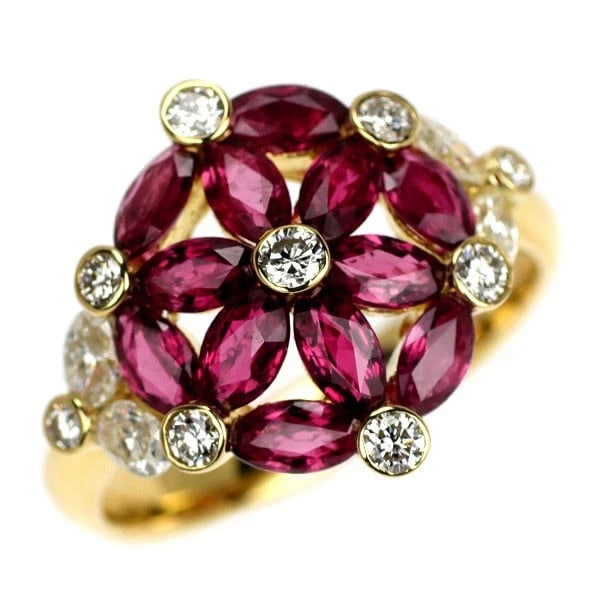 K18YG RUBY DIAMOND RING: K18YG Ruby Diamond Ring Brand: None Type/Style: Ring Material: K18YG, Main Stone Ruby Color: YG Size: 5.5 - 5.75 US Accessories: None Accessories Notice: When purchasing pre-owned goods, please refer