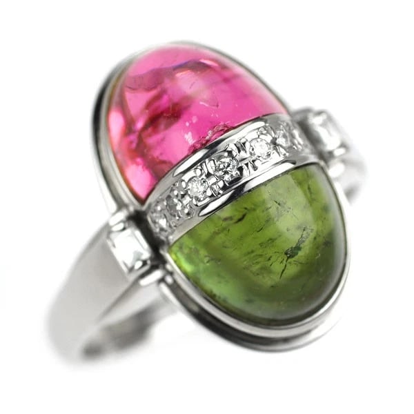 PT900 GREEN/PINK TOURMALINE DIAMOND RING: Pt900 green/pink tourmaline diamond ring Brand: None Type/Style: Ring Material: Pt900, Main Stone Tourmaline Color: None Size: 5.5 - 5.75 US Accessories: None Accessories Notice: When purchasing