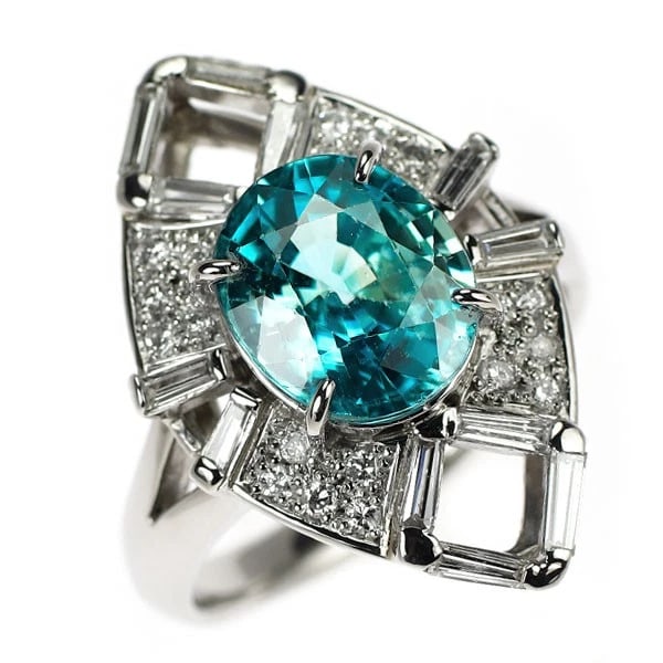 PT900 BLUE ZIRCON DIAMOND RING: Pt900 blue zircon diamond ring Brand: None Type/Style: Ring Material: Pt900, Main Stone zircon /Natural Color: None Size: 7.25 US Accessories: None Accessories Notice: When purchasing pre-owned