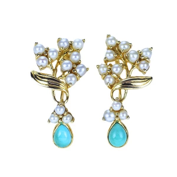 ROKUZAN K18YG TURQUOISE SEED PEARL EARRINGS: Rokuzan K18YG Turquoise Seed Pearl Earrings Brand: None Type/Style: earring Material: K18YG, Main Stone Turquoise Seed Pearl Color: YG Size: Length/Width/Diameter 19.5 Accessories: None Accessories