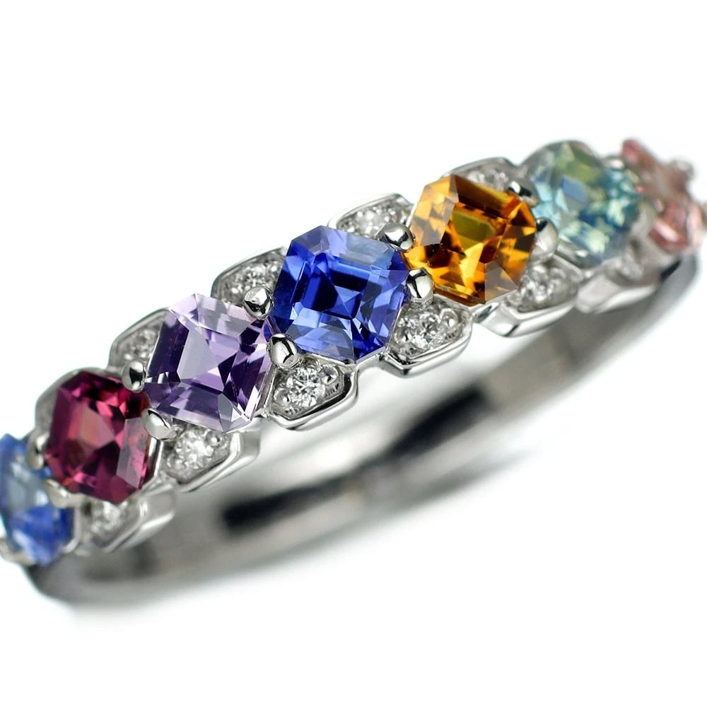 PT900 ASSCHER CUT MULTICOLOR SAPPHIRE DIAMOND RING: Pt900 Asscher Cut Multicolor Sapphire Diamond Ring Brand: None Type/Style: Ring Material: Pt900, Main Stone Natural/Sapphire Color: Pt Size: 6 US Accessories: None Accessories Notice: When purchasing