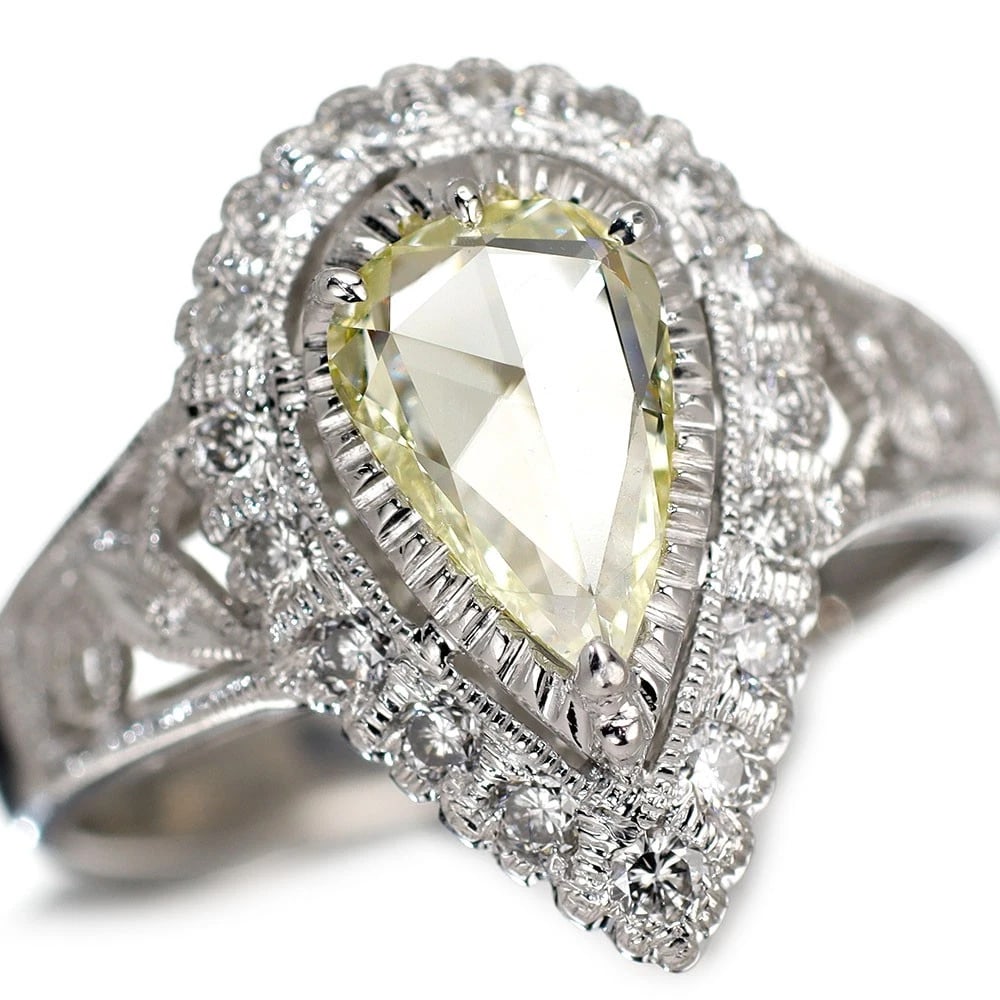 K18WG PEAR SHAPE ROSE CUT DIAMOND RING: K18WG Pear Shape Rose Cut Diamond Ring Brand: None Type/Style: Ring Material: K18WG, Main Stone Natural Color: WG Size: 5.5 - 5.75 US Accessories: None Accessories Notice: When purchasing pre-owned