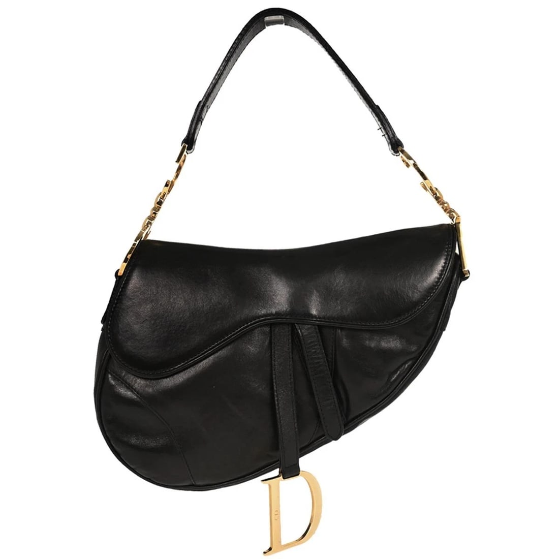 CHRISTIAN DIOR BLACK LEATHER SADDLE HANDBAG: Christian Dior Black Leather Saddle Handbag Brand: Dior Type/Style: Saddle Bag Material: Leather Color: Black Size: W 9.4 x H 7.5 x D 3.1 inch Accessories: None Accessories Notice: When purchasing