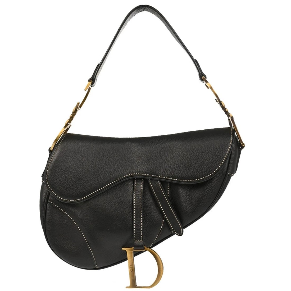 CHRISTIAN DIOR BLACK LEATHER SADDLE HANDBAG: Christian Dior Black Leather Saddle Handbag Brand: Dior Type/Style: Saddle Bag Material: Leather Color: Black Size: W 9.4 x H 7.5 x D 3.1 inch Accessories: None Accessories Notice: When purchasing