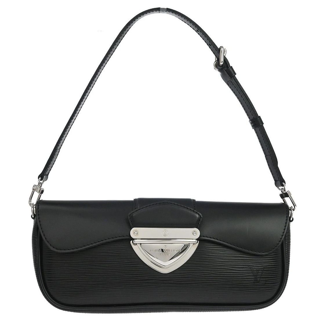 LOUIS VUITTON BLACK EPI POCHETTE MONTAIGNE HANDBAG: Louis Vuitton Black Epi Pochette Montaigne Handbag Brand: Louis Vuitton Type/Style: Top Handle Bag Material: Epi Leather, Leather Color: Noir * Black Size: W 10.6 x H 4.3 x D 2.4 inch Accessories: