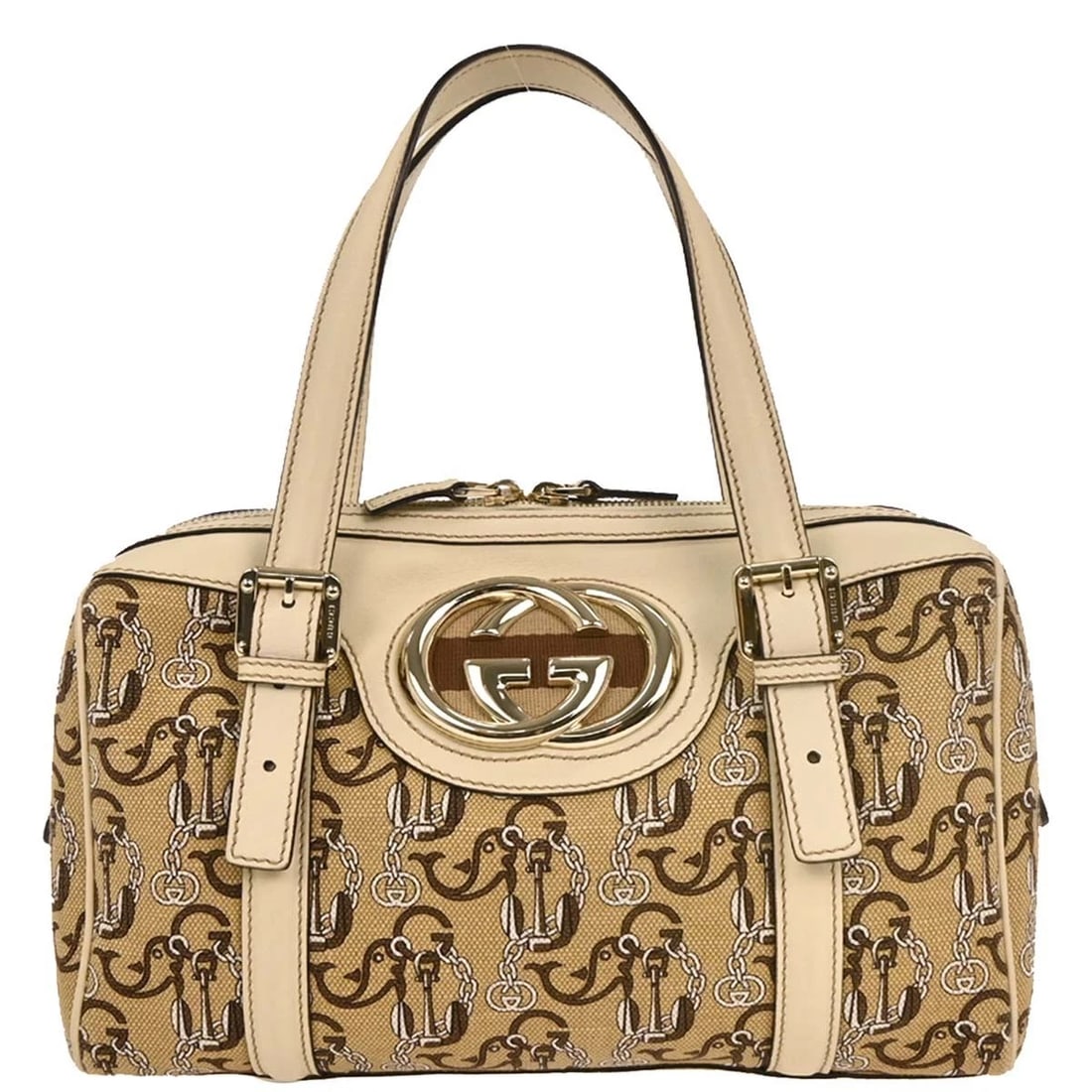 GUCCI BEIGE CANVAS INTERLOCKING HANDBAG: Gucci Beige Canvas Interlocking Handbag Brand: Gucci Type/Style: Top Handle Bag Material: Canvas, Leather Color: Beige Size: W 11.4 x H 6.7 x D 3.9 inch Accessories: None Accessories Notic