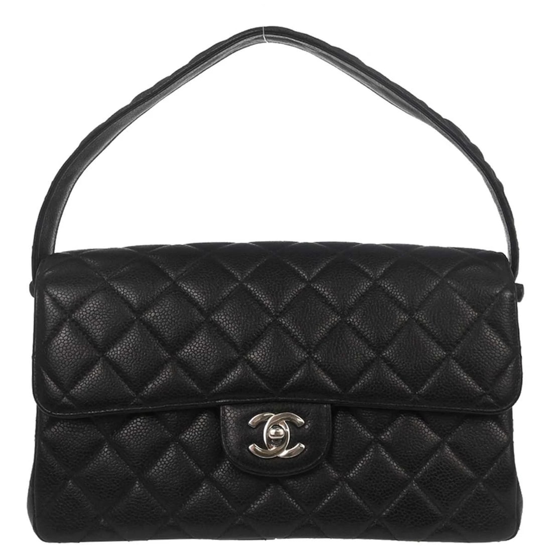 CHANEL BLACK CALFSKIN DOUBLE SIDED MEDIUM HANDBAG: Chanel Black Calfskin Double Sided Medium Handbag Brand: CHANEL Type/Style: Shoulder Bag Material: Caviar skin leather Color: Black Size: W 10.2 x H 6.3 x D 3.9 inch Accessories: None Acce