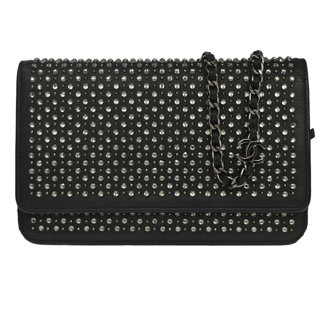 CHANEL BLACK CALFSKIN RHINESTONE WALLET CHAIN BAG: Chanel Black Calfskin Rhinestone Wallet Chain Bag Brand: CHANEL Type/Style: Wallet Material: Calfskin, Rhinestone Color: Black Size: W 7.5 x H 5.1 x D 1.6 inch Accessories: None Accessorie