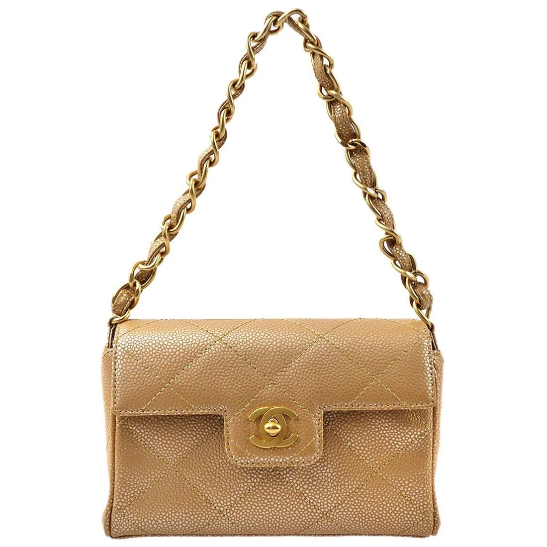 CHANEL BEIGE CALFSKIN CHAIN HANDBAG: Chanel Beige Calfskin Chain Handbag Brand: CHANEL Type/Style: Shoulder Bag Material: Caviar skin leather Color: Beige, Silver Size: W 7.1 x H 4.7 x D 2.0 inch Accessories: None Accessories